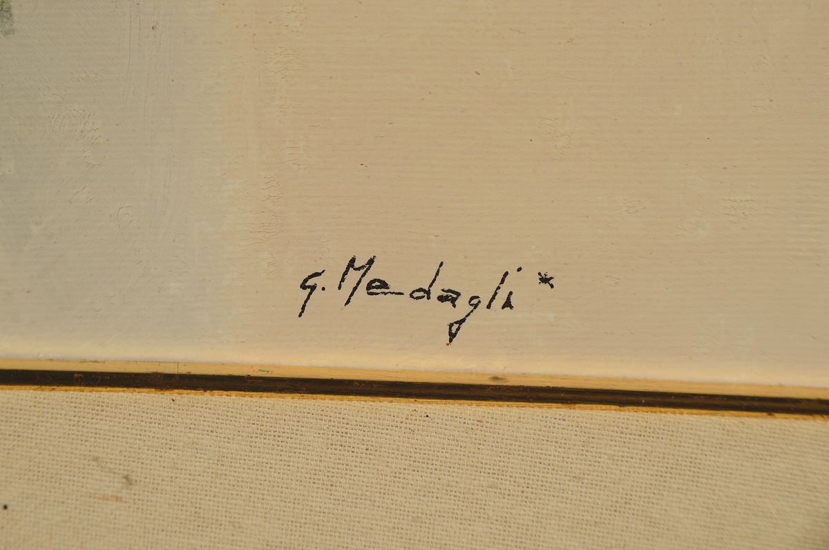 Detail a: Giuseppe Medagli, geb. 1956 Neapel, tätig in Wuppertal, Stillleben mit Weinflasche und -glas, rückseitig betitelt: Divasazioni mistiche su una ...
