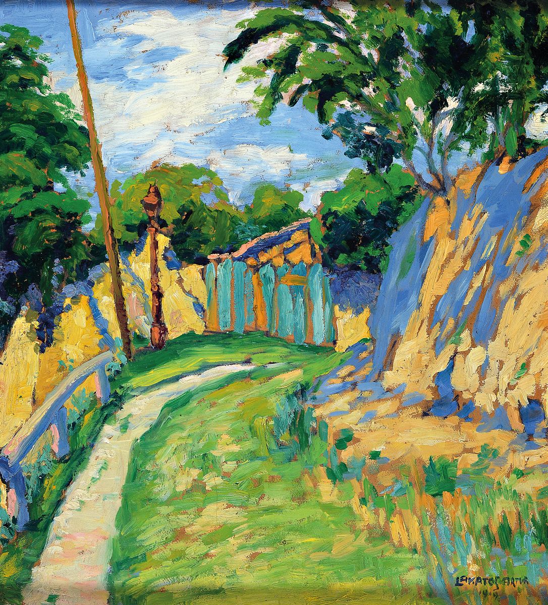 Artúr Lakatos, 1880-1968, ungarischer Maler, Weg zu einer Pforte, Öl/Malkarton, rechts unten signiert und dat. 1919, ca. 41x38cm, R. ca. 43x40cm