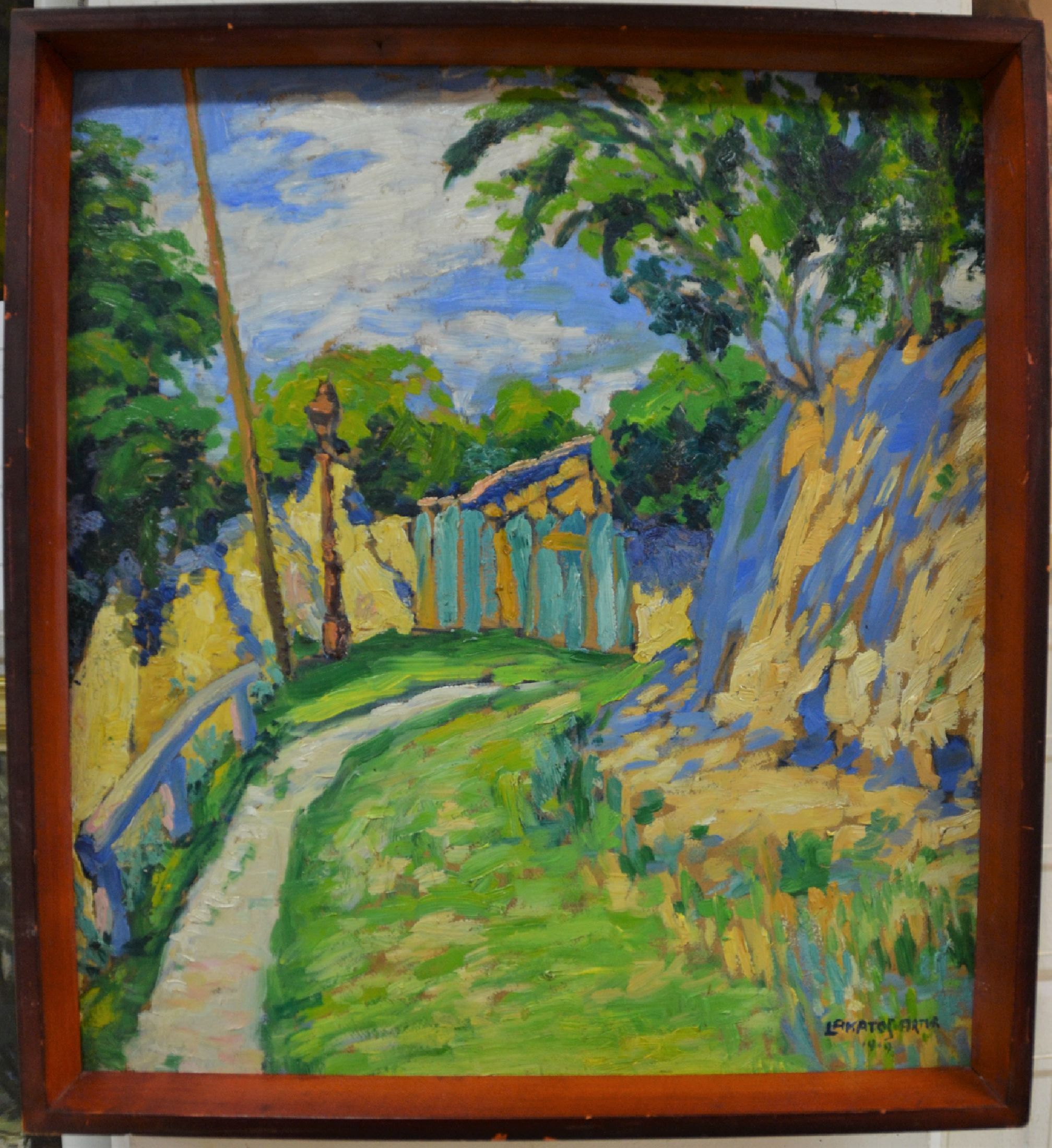 Detail b: Artúr Lakatos, 1880-1968, ungarischer Maler, Weg zu einer Pforte, Öl/Malkarton, rechts unten signiert und dat. 1919, ca. 41x38cm, R. ca. 43x40cm