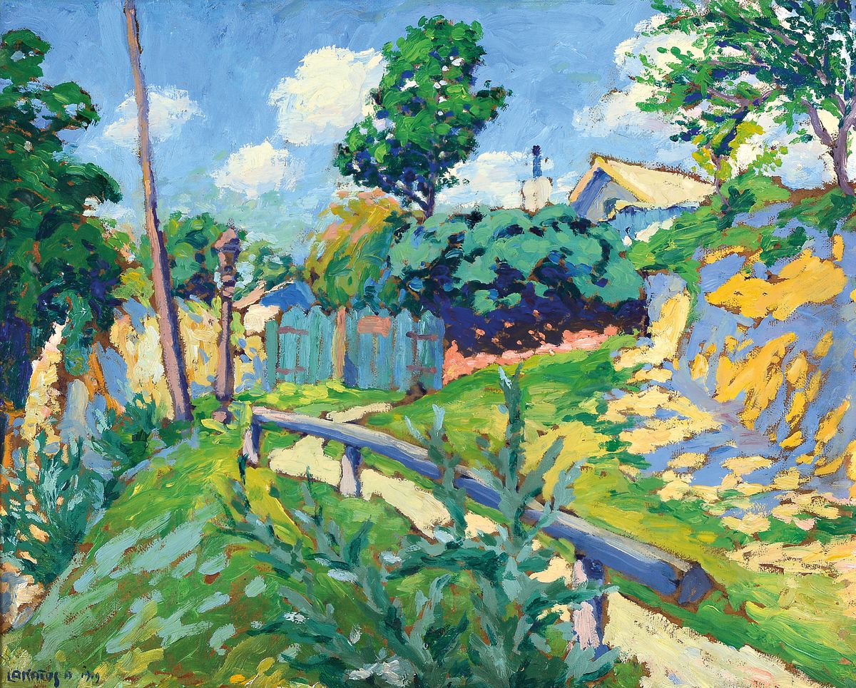 Artúr Lakatos, 1880-1968, ungarischer Maler, impressionistische Landschaft im Sommer, Öl/Malkarton, links unten signiert und dat. 1919, ca. ...