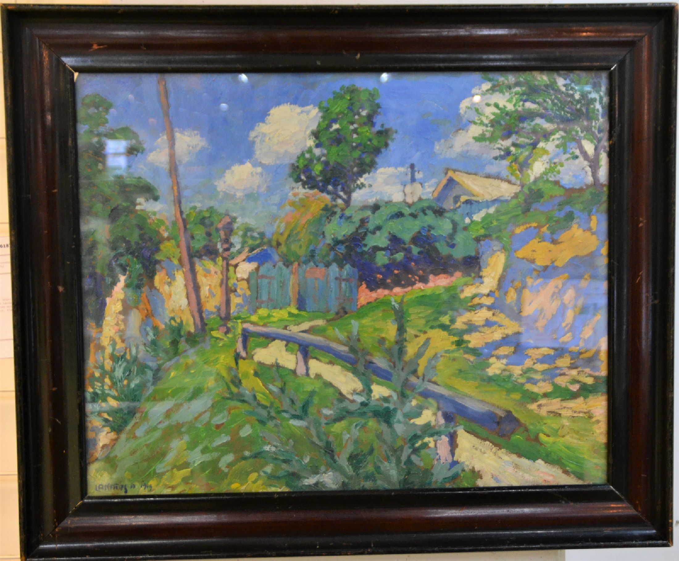 Detail b: Artúr Lakatos, 1880-1968, ungarischer Maler, impressionistische Landschaft im Sommer, Öl/Malkarton, links unten signiert und dat. 1919, ca. ...