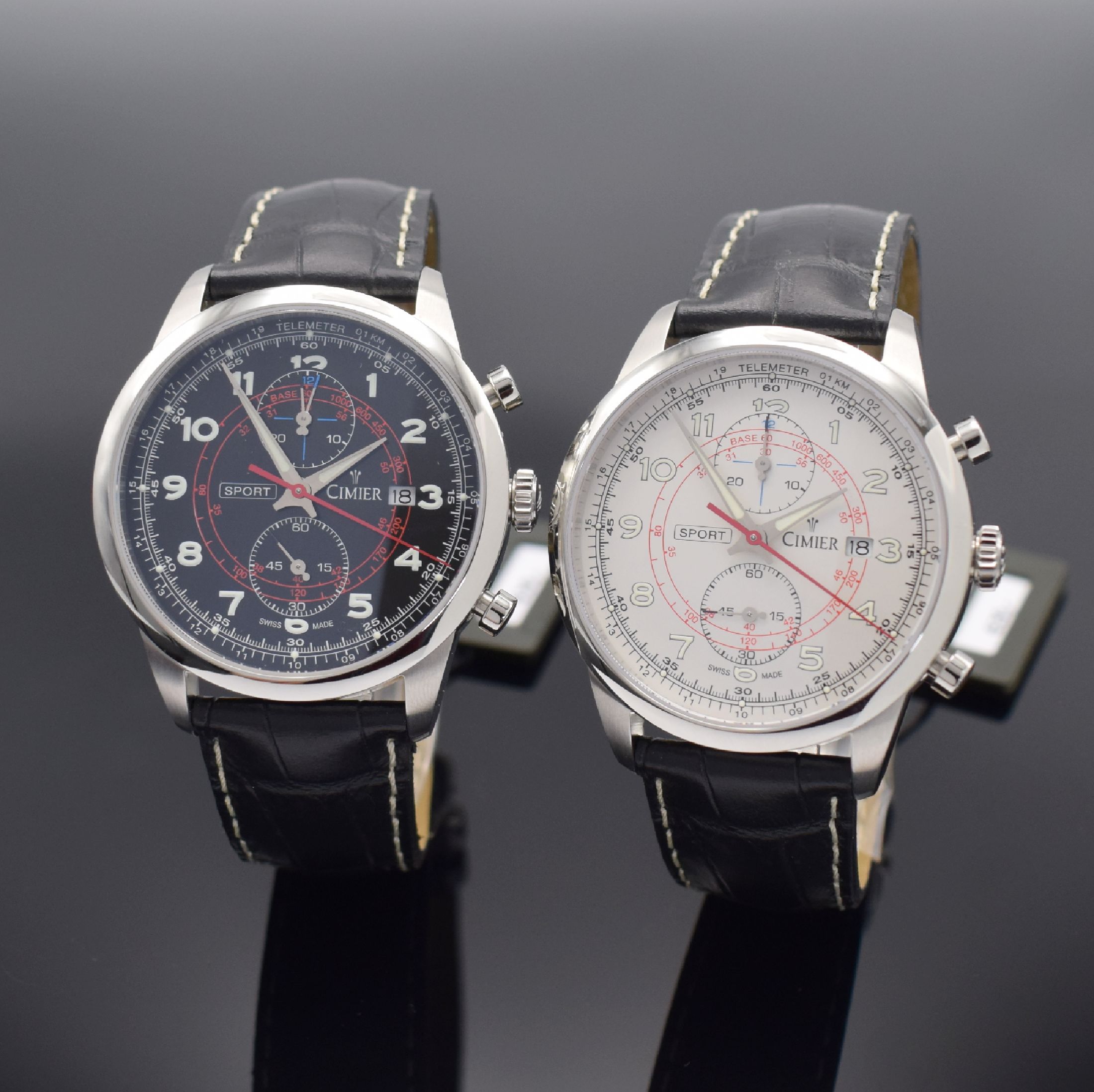 Detail a: CIMIER 4 Herrenchronographen in Edelstahl, Schweiz um 2010, quarz, Ref. 6108 & 2418, verschr. bzw. geschr. Geh.-Böden, orig. Lederband m. Faltschl., ...