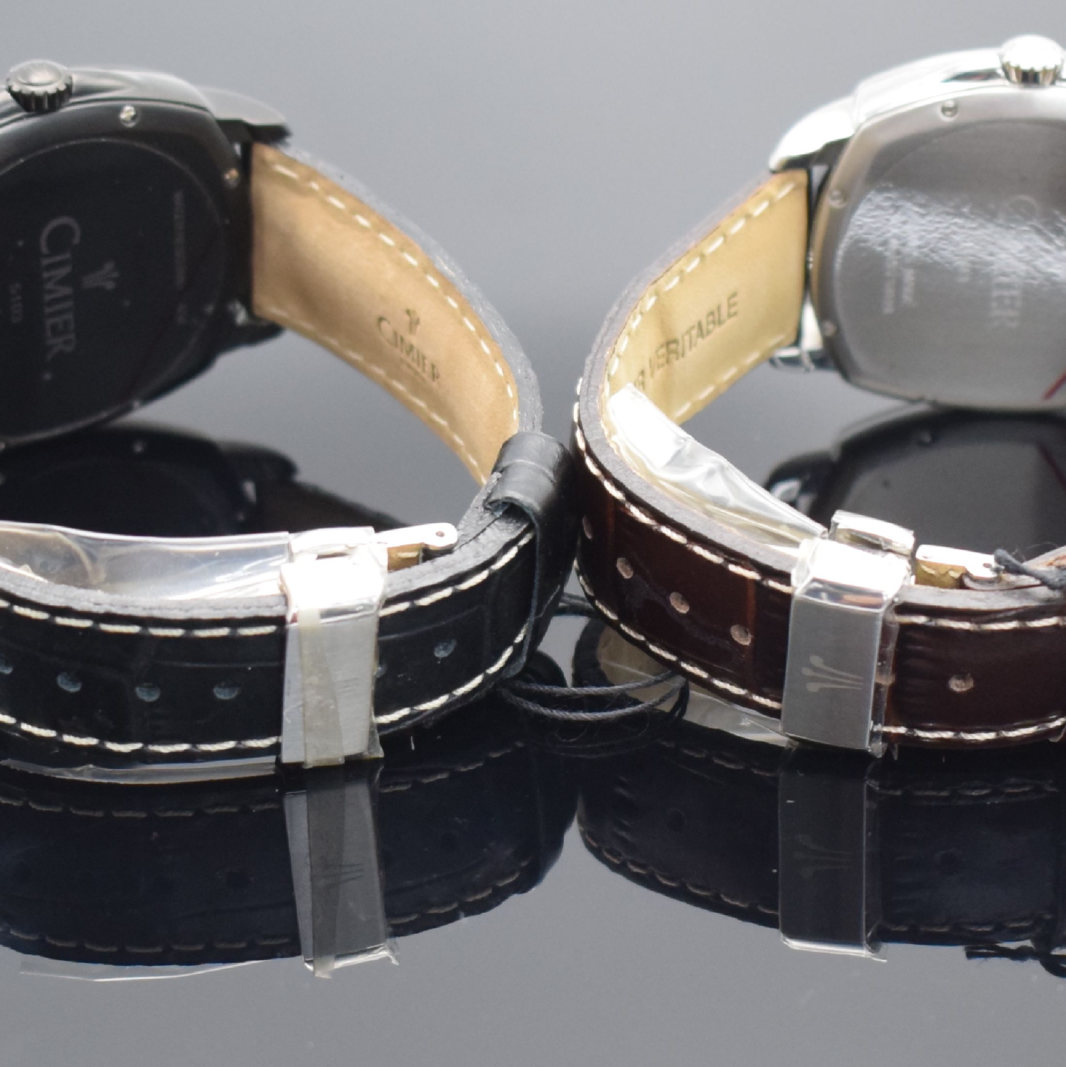 Detail e: CIMIER 4 Herrenarmbanduhren mit retrograder Tagesanzeige & Großdatum, Schweiz um 2010, quarz, Ref. 5103, tonneauförm. Edelstahlgeh., teils verg. ...