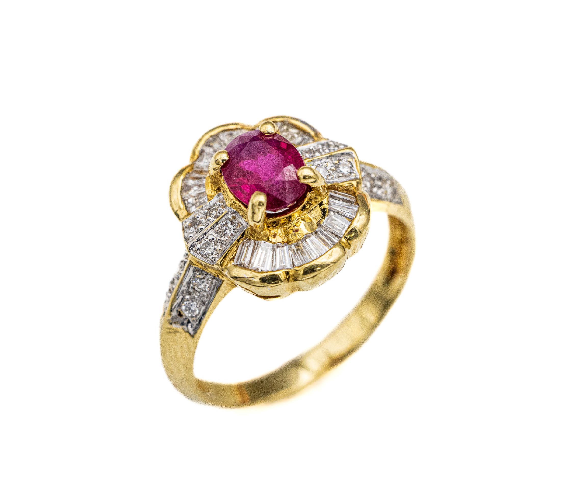 Detail a: 18 kt Gold Rubin-Diamant-Ring, GG 750/000, ovalfacett. Rubin ca. 0.80 ct, Diamant- baguettes u. Brillanten zus. ca. 0.80 ct Weiß/lp-si, RW 54, ca. ...