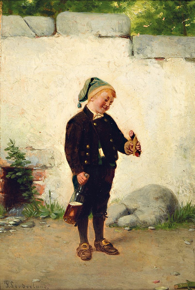 Fritz Sonderland, 1836-1896 Düsseldorf, Junge mit halb voller Bierflasche schaut sehnsüchtig auf die Wurst in seiner Hand, Öl/Holz, links unten ...