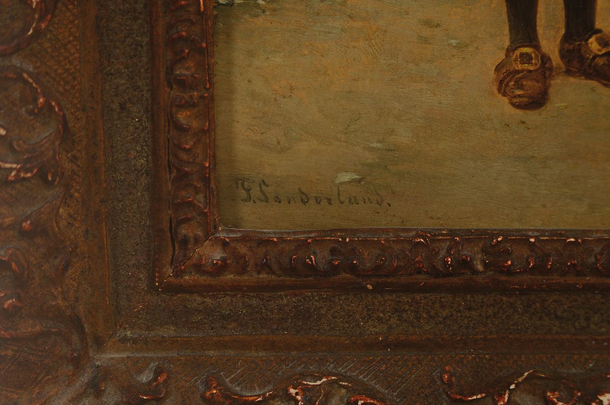 Detail a: Fritz Sonderland, 1836-1896 Düsseldorf, Junge mit halb voller Bierflasche schaut sehnsüchtig auf die Wurst in seiner Hand, Öl/Holz, links unten ...