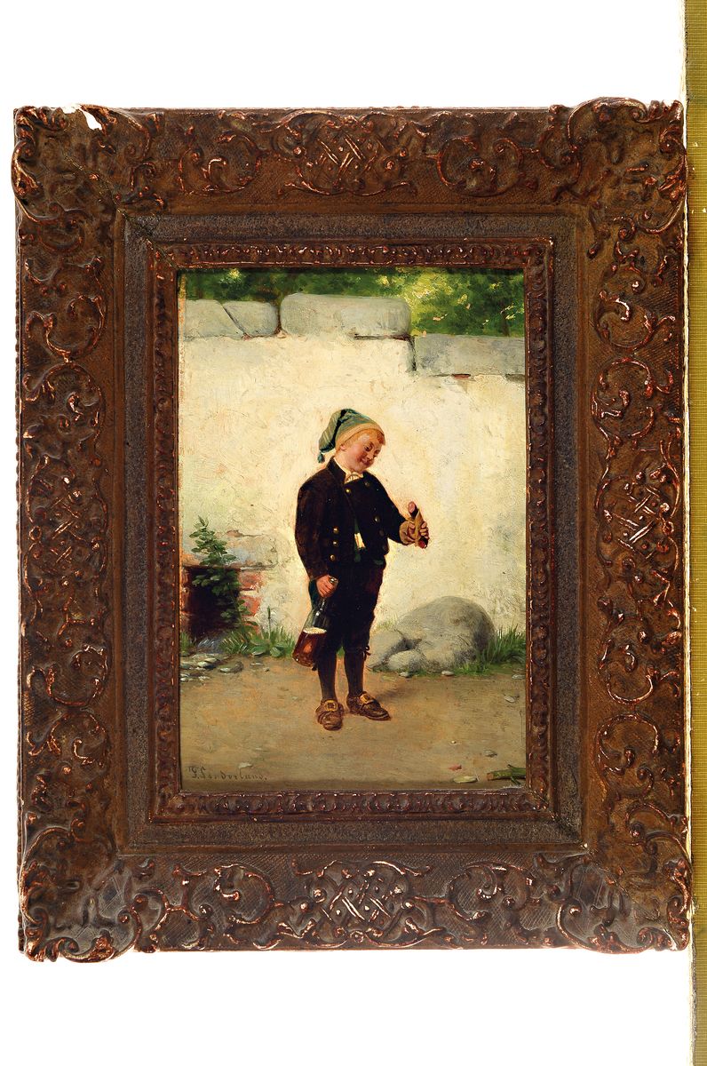 Detail k: Fritz Sonderland, 1836-1896 Düsseldorf, Junge mit halb voller Bierflasche schaut sehnsüchtig auf die Wurst in seiner Hand, Öl/Holz, links unten ...