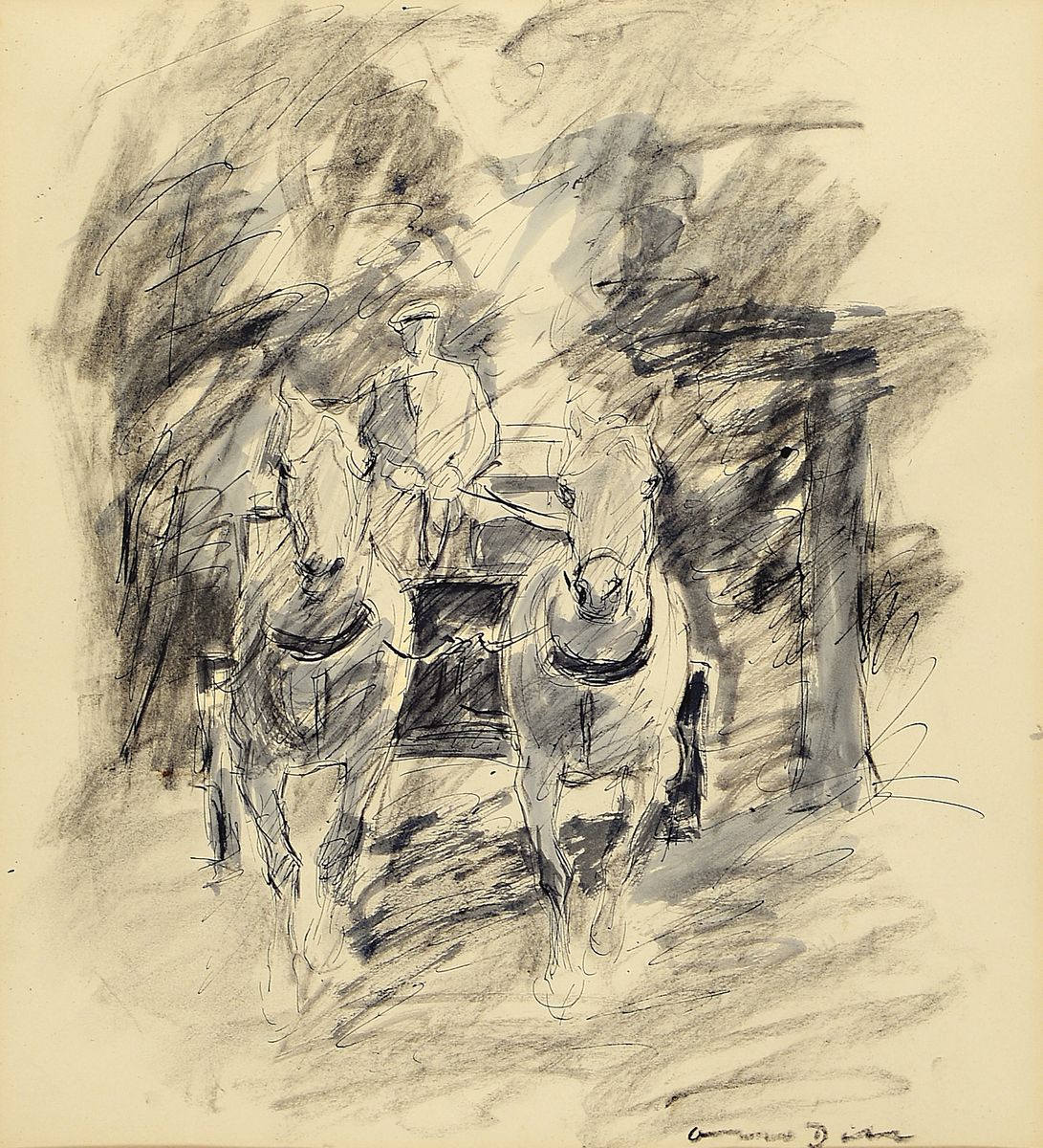 Otto Dill, 1884 Neustadt - 1957 Bad Dürkheim, Kutschfahrt/Kutschengespann, lavierte Tuschezeichnung und Kohle auf Papier, unten rechts handsigniert, ...