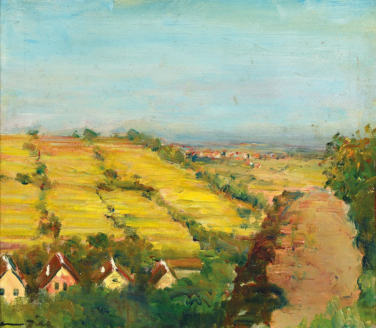 Otto Dill, 1884 Neustadt - Bad Dürkheim, Öl/Lwd, sommerliche Pfälzer Landschaft, (Haardtrand), wohl Blick auf Leinsweiler, rückseitig befindet ...