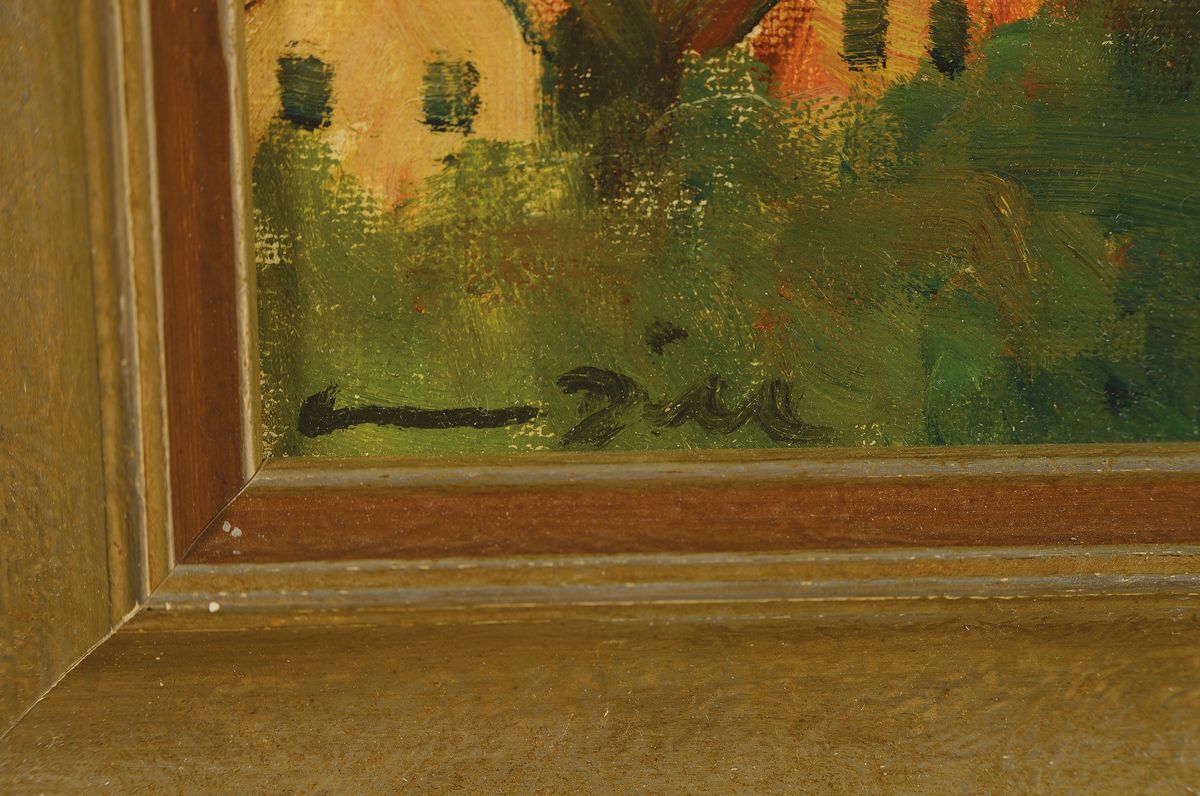 Detail a: Otto Dill, 1884 Neustadt - Bad Dürkheim, Öl/Lwd, sommerliche Pfälzer Landschaft, (Haardtrand), wohl Blick auf Leinsweiler, rückseitig befindet ...