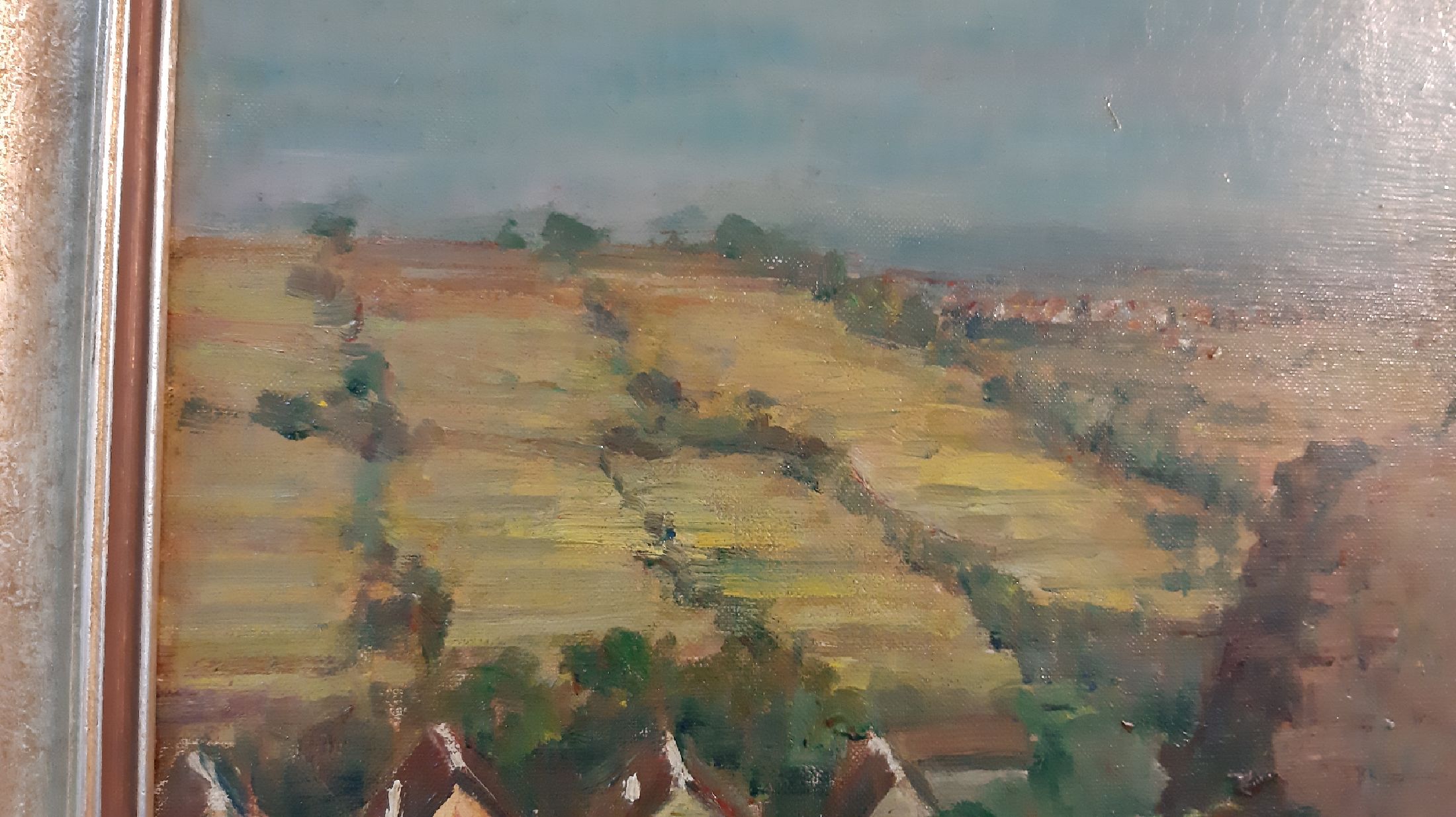 Detail d: Otto Dill, 1884 Neustadt - Bad Dürkheim, Öl/Lwd, sommerliche Pfälzer Landschaft, (Haardtrand), wohl Blick auf Leinsweiler, rückseitig befindet ...
