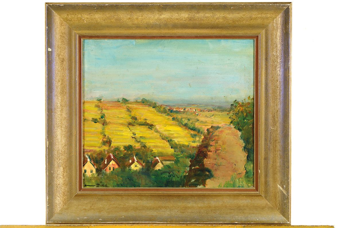 Detail k: Otto Dill, 1884 Neustadt - Bad Dürkheim, Öl/Lwd, sommerliche Pfälzer Landschaft, (Haardtrand), wohl Blick auf Leinsweiler, rückseitig befindet ...