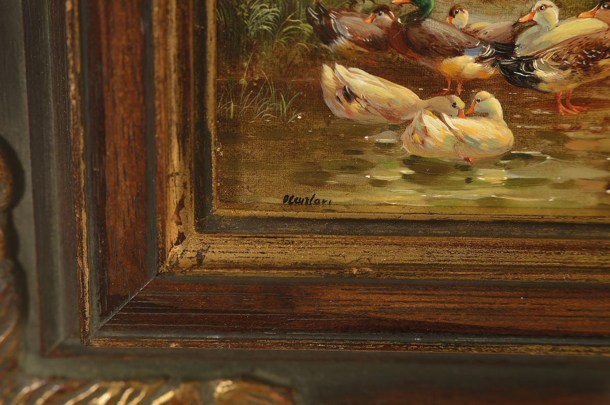 Detail a: Hubert Kaplan, geb. 1940 München, bäuerliches Hofinterieur mit Federvieh und Ententeich, im Hintergrund miniaturhafte Ernteszene vor Dorfkulisse, ...