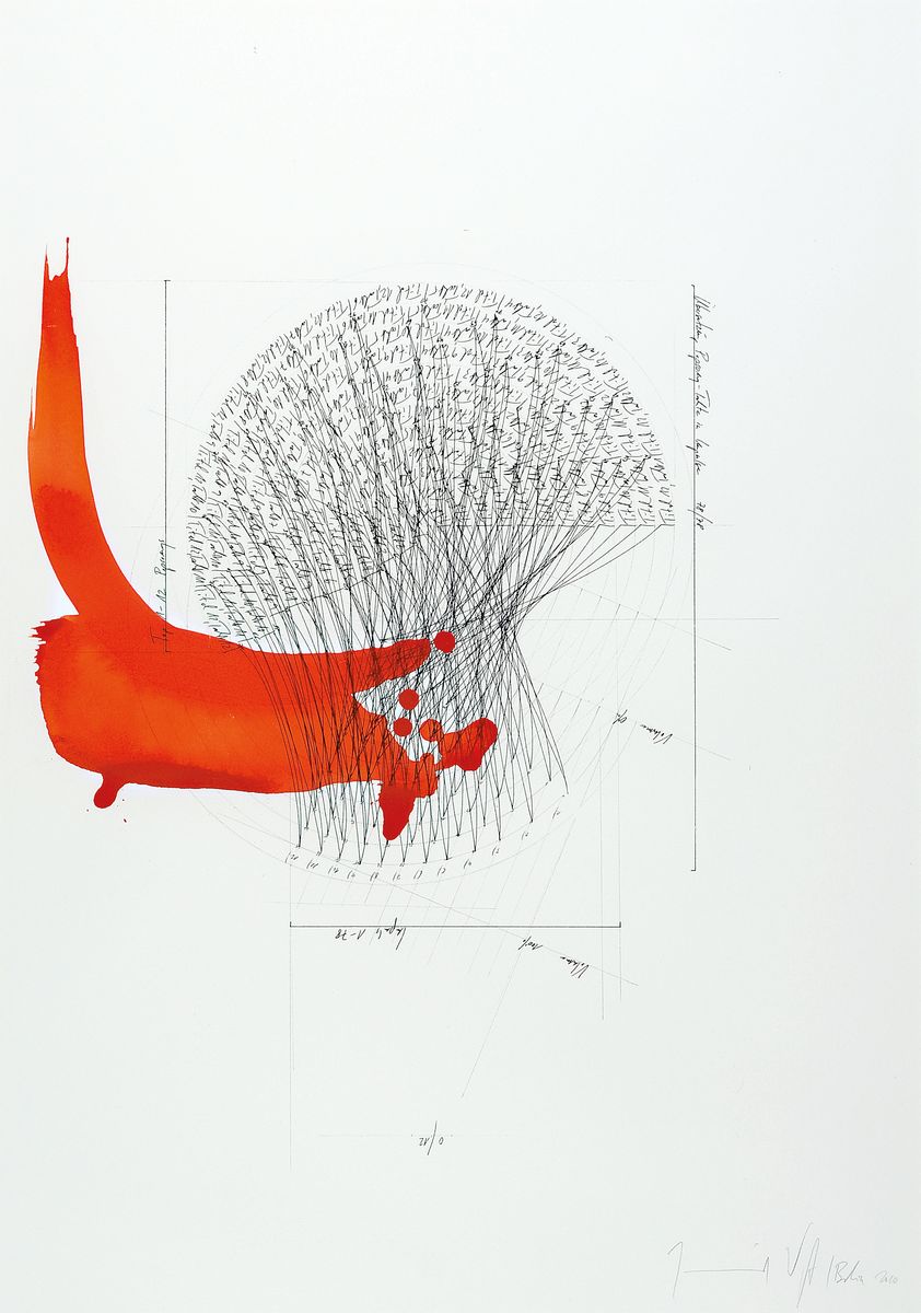 Jorinde Voigt, geb. 1977, rote Tusche über Lithografie, Unikat, handsigniert, dat. 2010, deutsche Künstlerin die mit den Medien-Zeichnungen, ...