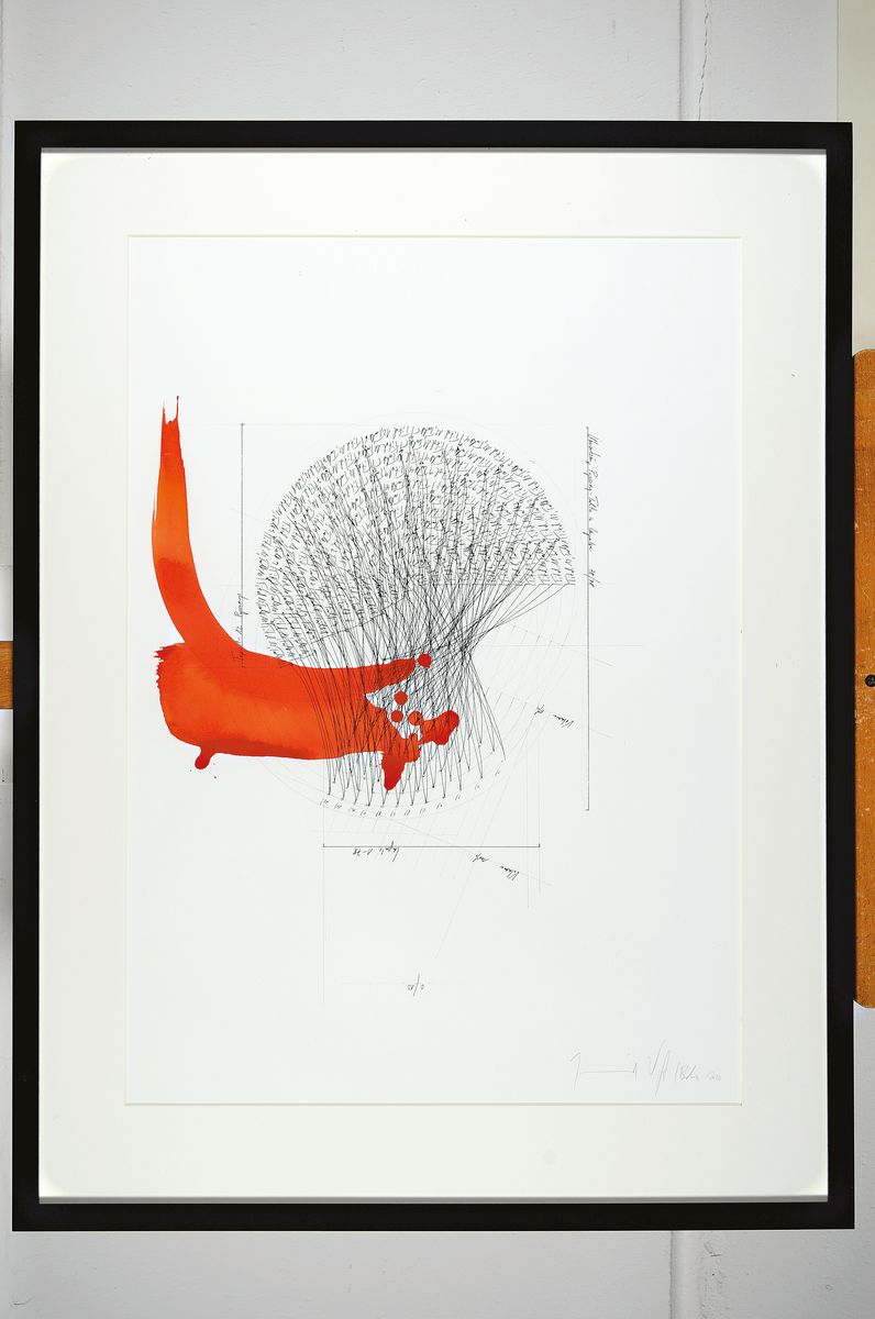 Detail k: Jorinde Voigt, geb. 1977, rote Tusche über Lithografie, Unikat, handsigniert, dat. 2010, deutsche Künstlerin die mit den Medien-Zeichnungen, ...