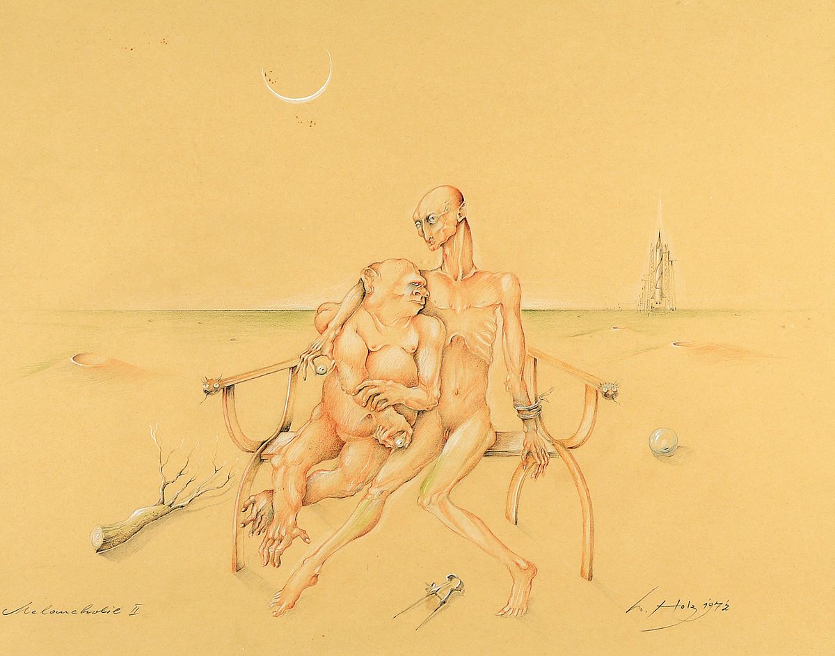 Werner Holz, 1948-1971, Melancholie II, Bleistiftzeichnung, re. unten sign., dat. 72, PP, unter Glas gerahmt, ca. 43x51 cm, gesamt 69x78 cm