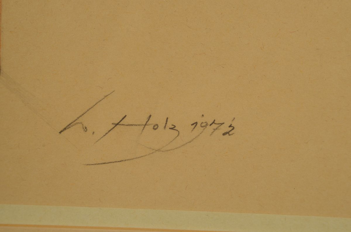 Detail c: Werner Holz, 1948-1971, Melancholie II, Bleistiftzeichnung, re. unten sign., dat. 72, PP, unter Glas gerahmt, ca. 43x51 cm, gesamt 69x78 cm