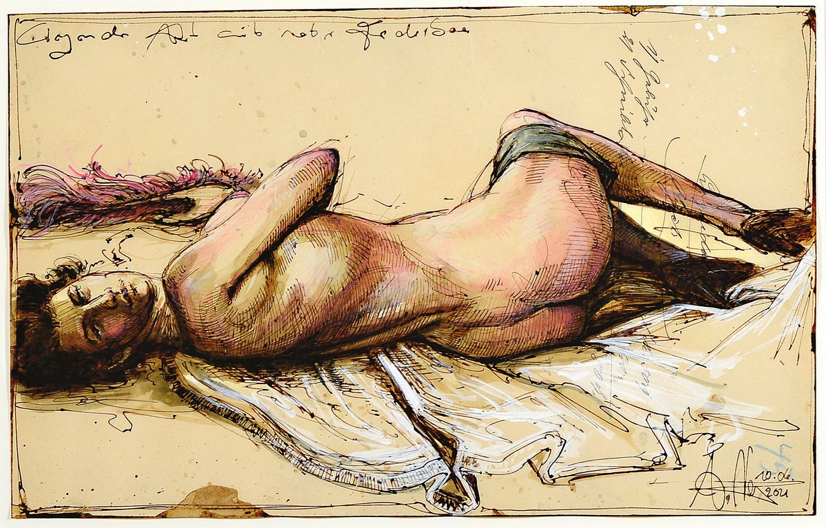 Andreas Noßmann, geb. 1962, Aquarell und Farbstift auf antikem Papier, handsigniert, betitelt: "Liegender Akt mit roter Federboa", ...
