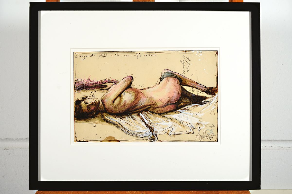 Detail k: Andreas Noßmann, geb. 1962, Aquarell und Farbstift auf antikem Papier, handsigniert, betitelt: "Liegender Akt mit roter Federboa", ...
