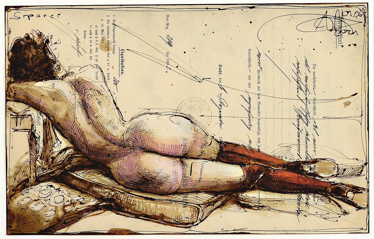 Andreas Noßmann, geb. 1962, Aquarell und Farbstift auf antikem Papier, handsigniert, betitelt: "Separee", Blattgr. 21 x 33 cm, ...