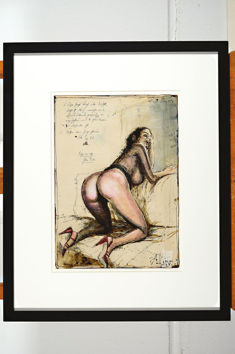 Detail k: Andreas Noßmann, geb. 1962, Aquarell und Farbstift auf antikem Papier, handsigniert, betitelt: "Red Shoes", Werksverzeichnis DVZ 1493, ...
