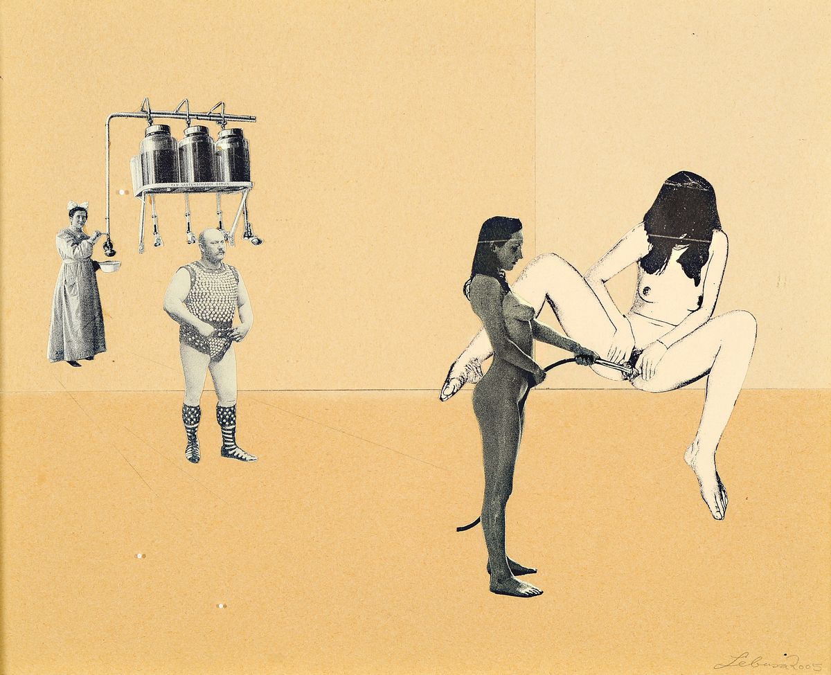 Corinne von Lebusa, geb. 1978, Neo-Rauch Schülerin, neue Leipziger Schule, re. unten sign., dat. 2005, u. Glas, gesamt ca. 26,5x32 cm