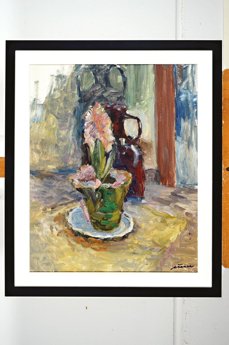 Detail k: Albert Feser, 1901 - 1993,, Öl/Malkarton, Hyazinthe, signiert, 64 x 54 cm, Rahmen 64 x 54 cm, auf der Rückseite des Gemäldes Nachlassstempel und ...