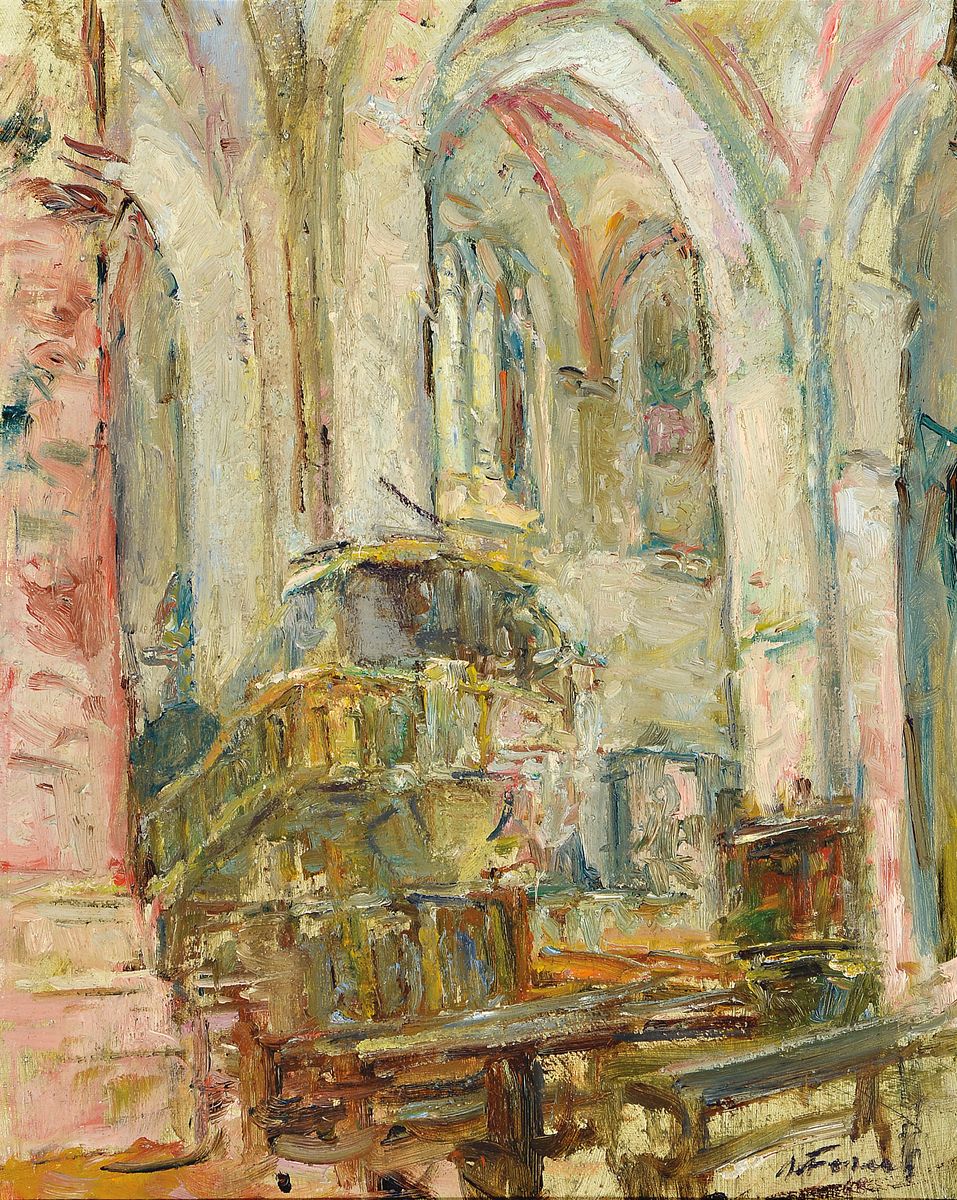 Albert Feser, 1901 - 1993,, Öl/Malkarton, gotische Kirche, signiert, 64 x 54 cm, Rahmen 64 x 54 cm, auf der Rückseite des Gemäldes Nachlassstempel ...