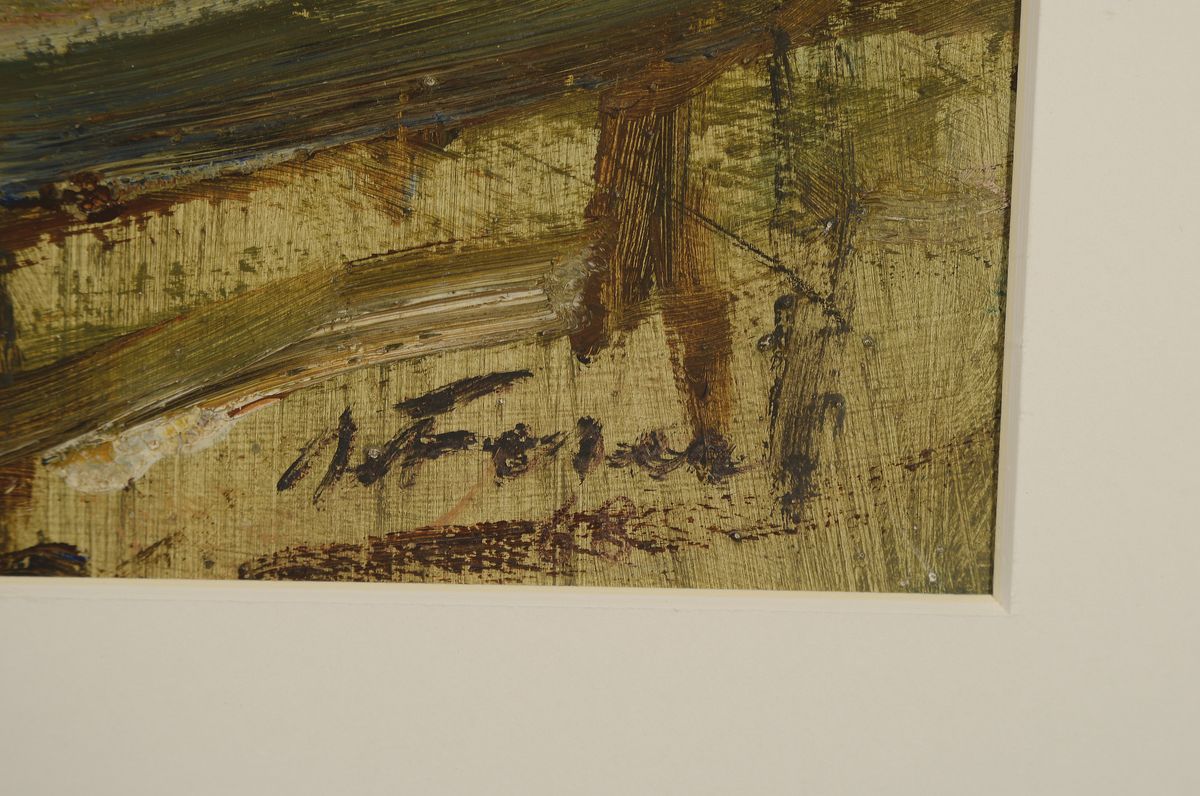 Detail a: Albert Feser, 1901 - 1993,, Öl/Malkarton, gotische Kirche, signiert, 64 x 54 cm, Rahmen 64 x 54 cm, auf der Rückseite des Gemäldes Nachlassstempel ...