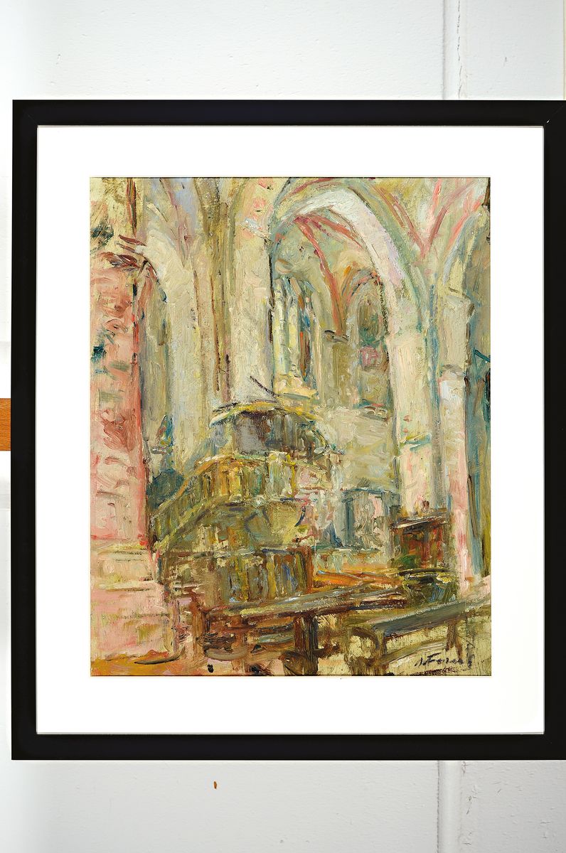 Detail k: Albert Feser, 1901 - 1993,, Öl/Malkarton, gotische Kirche, signiert, 64 x 54 cm, Rahmen 64 x 54 cm, auf der Rückseite des Gemäldes Nachlassstempel ...