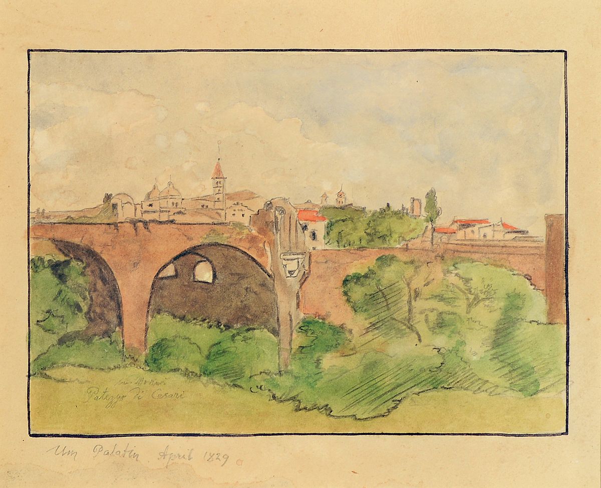 Friedrich Preller d. ältere, 1804 Eisenach - 1876 Weimar, Aquarell, handsigniert, auf dickem Karton, betitelt "Um Palatin", PP: 11.5 x 14 ...