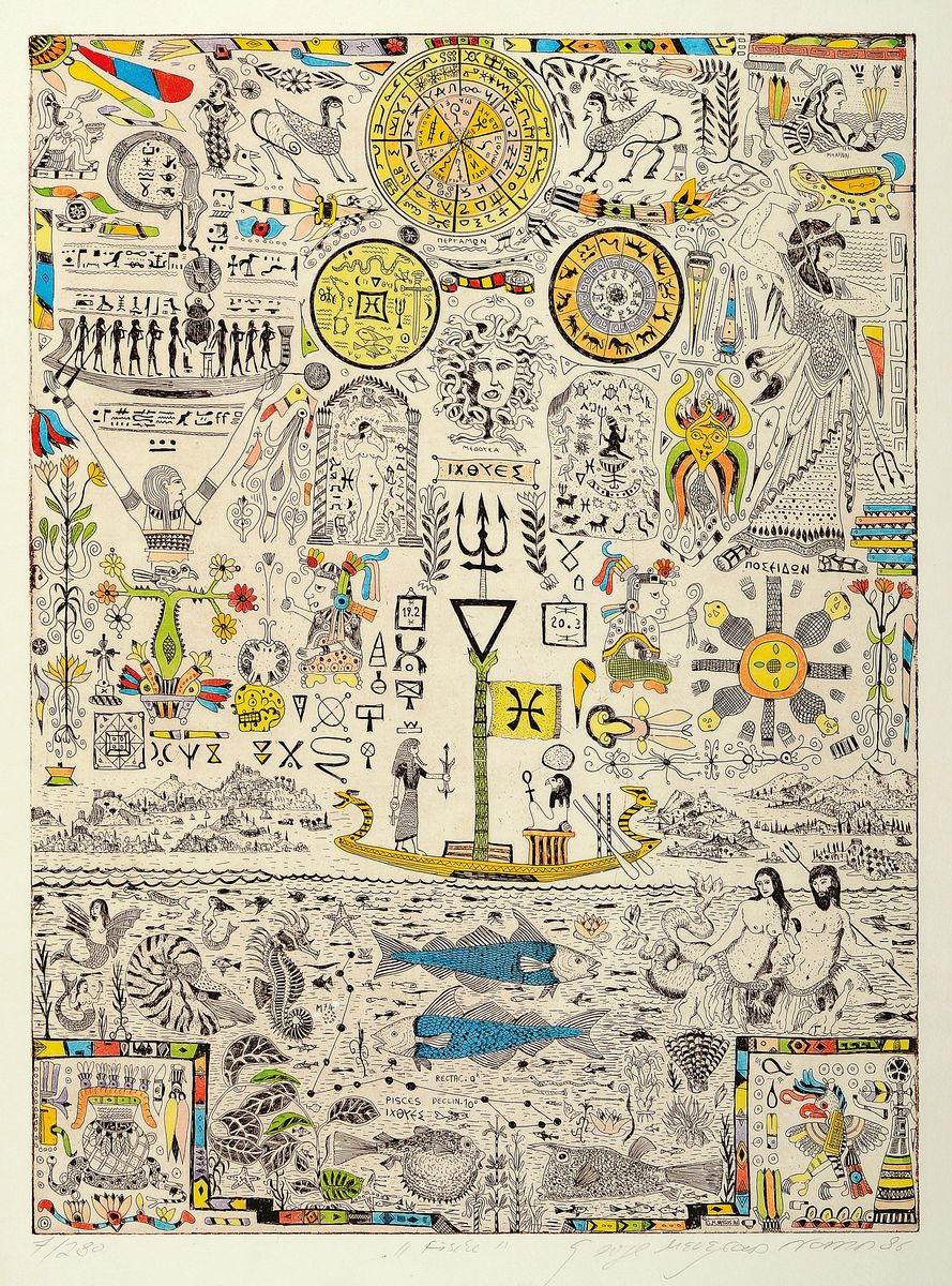 Georges Menelaos Nassos, "Zodiak", Mappe mit 13 Farbradierungen zu den Sternzeichen, (Jungfrau doppelt), alle handsigniert, betitelt, dat. ...