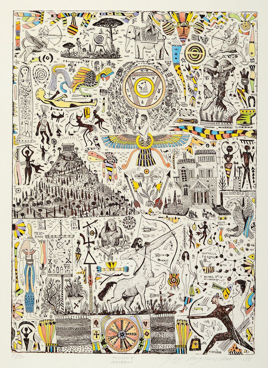 Detail a: Georges Menelaos Nassos, "Zodiak", Mappe mit 13 Farbradierungen zu den Sternzeichen, (Jungfrau doppelt), alle handsigniert, betitelt, dat. ...