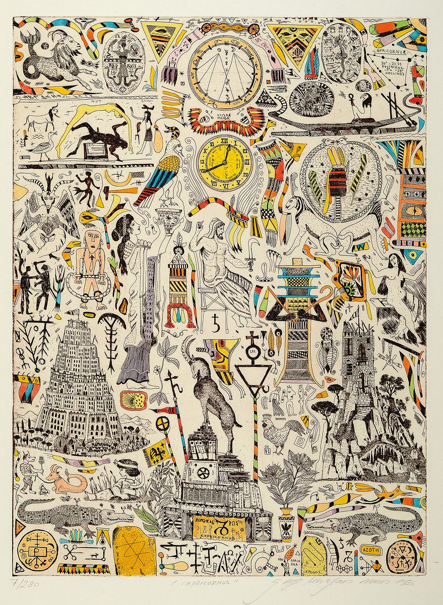 Detail b: Georges Menelaos Nassos, "Zodiak", Mappe mit 13 Farbradierungen zu den Sternzeichen, (Jungfrau doppelt), alle handsigniert, betitelt, dat. ...