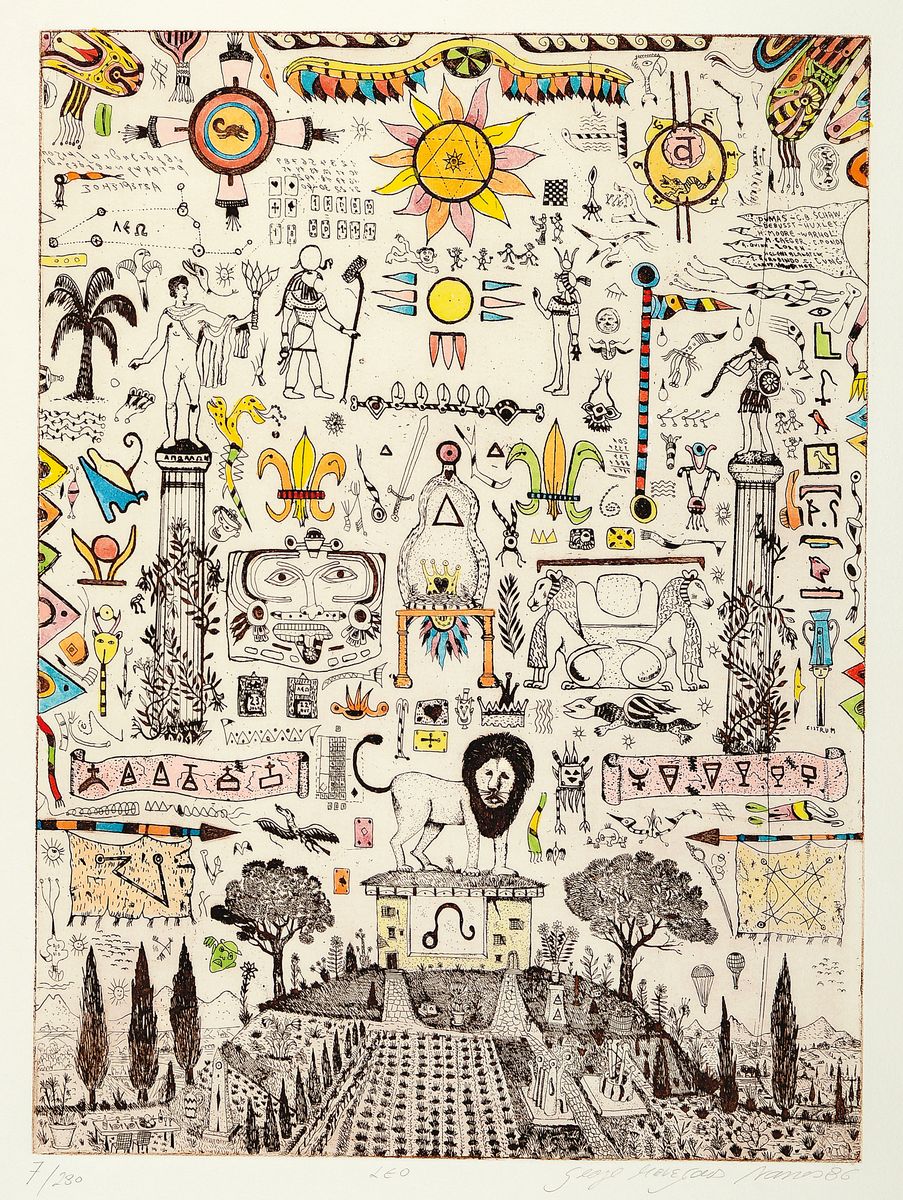Detail c: Georges Menelaos Nassos, "Zodiak", Mappe mit 13 Farbradierungen zu den Sternzeichen, (Jungfrau doppelt), alle handsigniert, betitelt, dat. ...