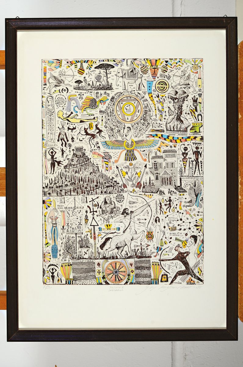 Detail l: Georges Menelaos Nassos, "Zodiak", Mappe mit 13 Farbradierungen zu den Sternzeichen, (Jungfrau doppelt), alle handsigniert, betitelt, dat. ...