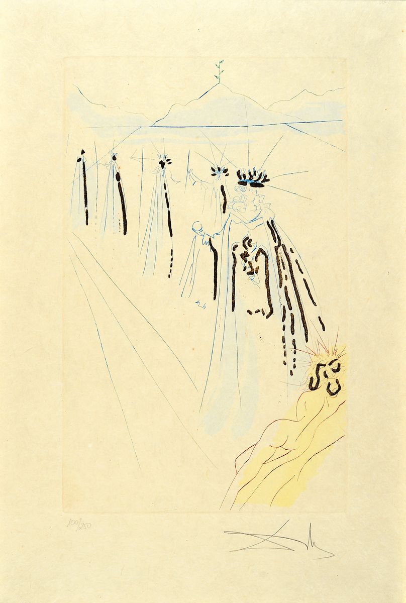 Salvador Dali, 1904-1989, Des Königs Gefolge, aus der Serie: Das Hohe Lied des Salomon von 1971, Radierung mit Pochoir und Goldauflage, handsign. ...