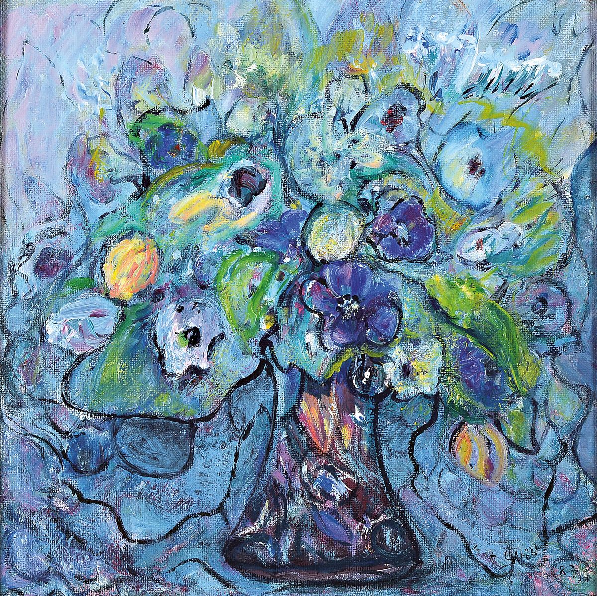 Maria Theresia Ströbel, geb. 1925 Fürstenstein, Blumen in Vase, Öl/Hartfaser, rechts unten signiert und dat. 87, ca. 40x40cm, R. ca. 57x57cm