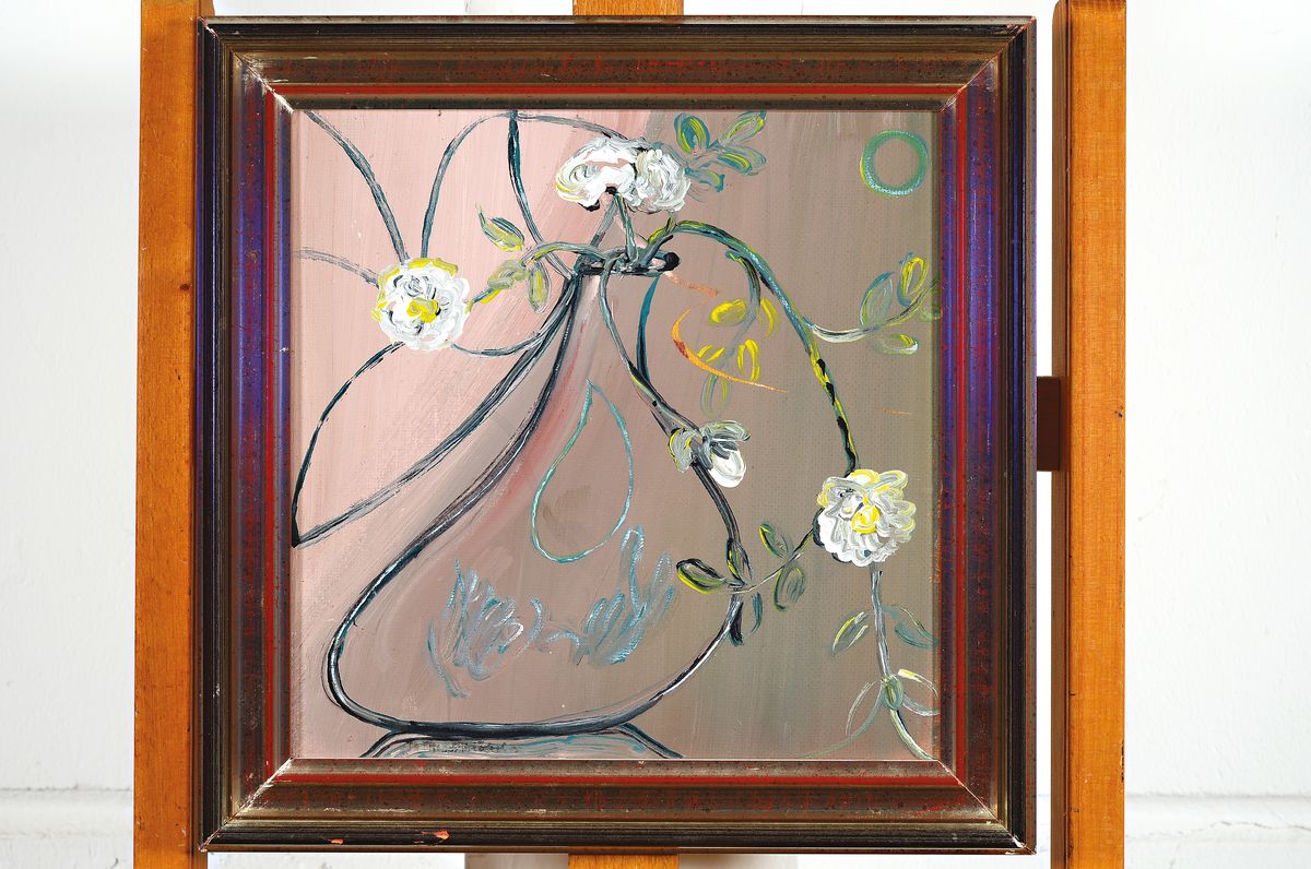 Detail k: Maria Theresia Ströbel, geb. 1925 Fürstenstein, Vase mit Blumen, Acryl auf Hartfaser, ca. 32x32cm, R. ca. 39x39cm
