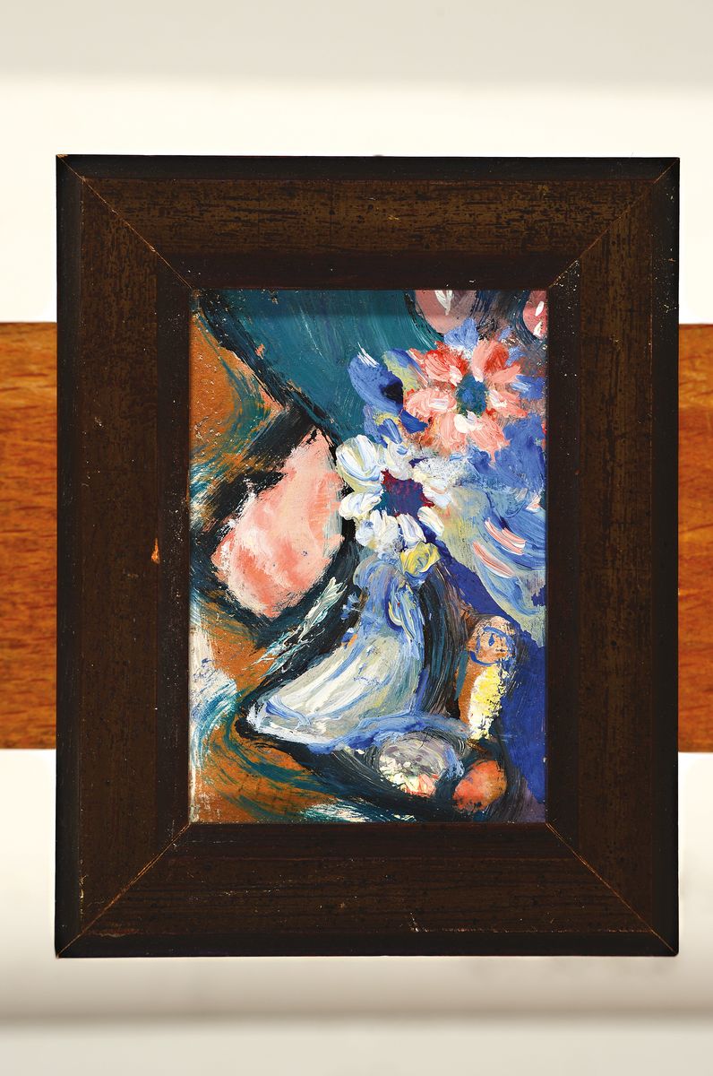 Detail l: Maria Theresia Ströbel, geb. 1925 Fürstenstein, 2 Miniaturmalereien, Blume mit Vase und Baum, Öl/Pergament, je ca. 7x5cm, R.