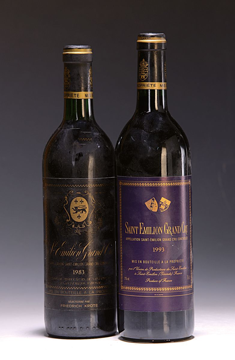 2 Flaschen 1993 Saint Emilion Grand Cru und eine Flasche 1983 Saint Emilion Grand Cru , je 750 ml, 12%Vol., Füllstand into neck, unverkostet