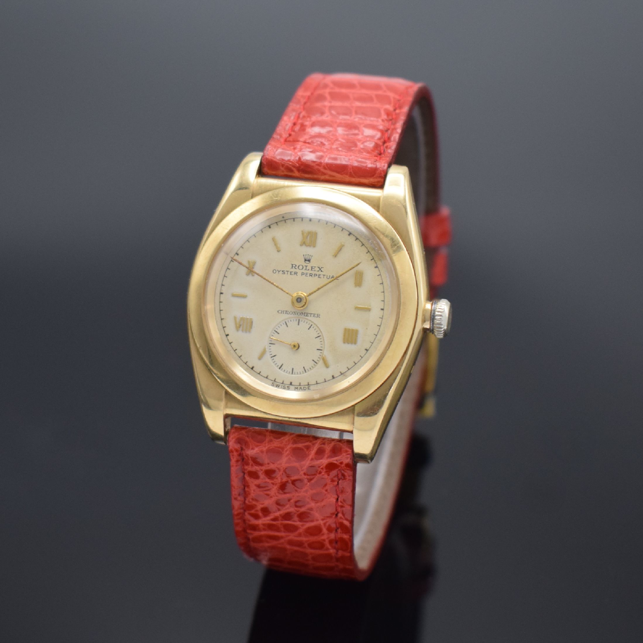 ROLEX seltene Armbanduhr Oyster Perpetual Chronometer sog. Bubble-Back in GG 585/000 Referenz 3130, Schweiz um 1945, 3-teil. Geh., Boden & Krone ...