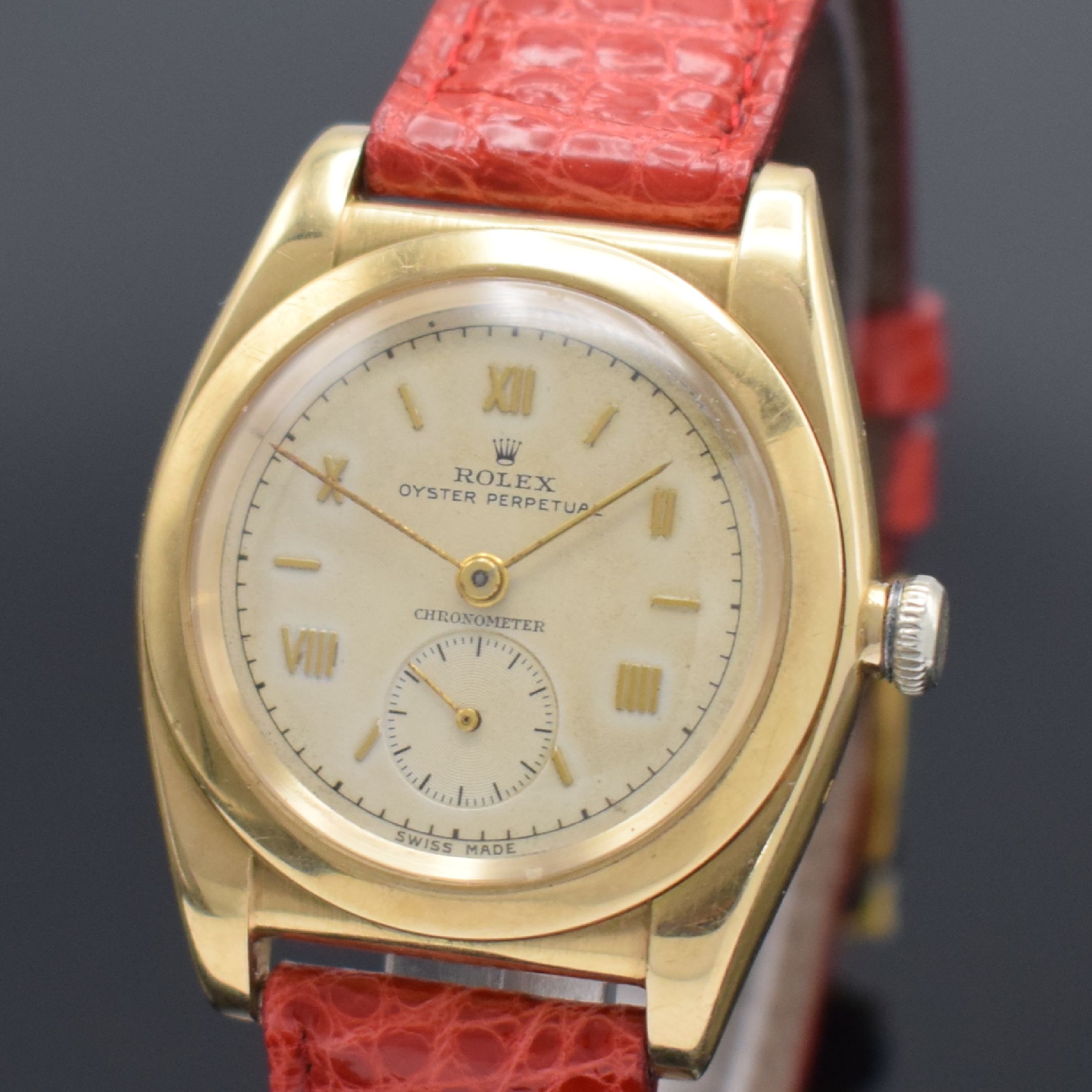 Detail a: ROLEX seltene Armbanduhr Oyster Perpetual Chronometer sog. Bubble-Back in GG 585/000 Referenz 3130, Schweiz um 1945, 3-teil. Geh., Boden & Krone ...