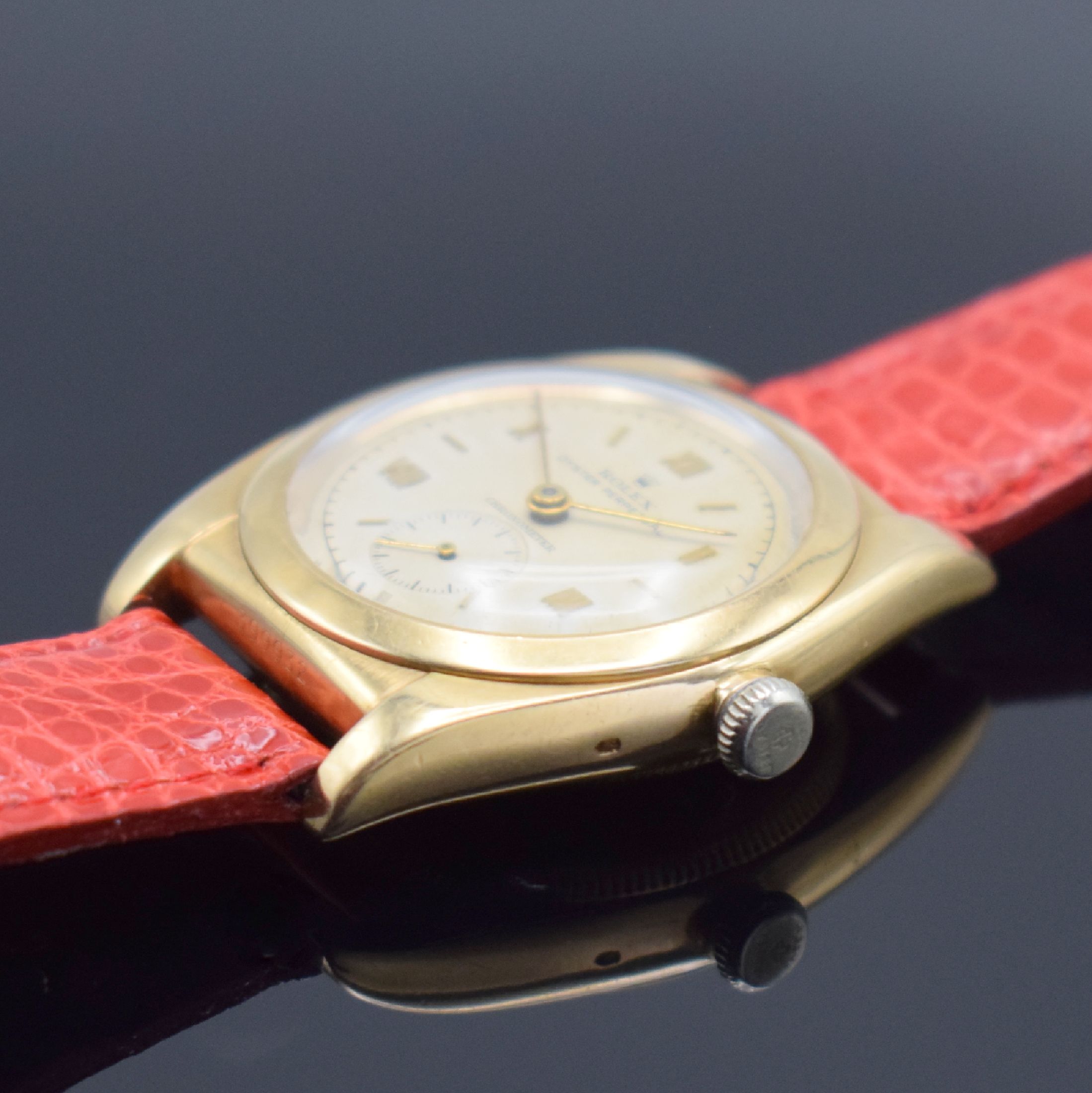 Detail b: ROLEX seltene Armbanduhr Oyster Perpetual Chronometer sog. Bubble-Back in GG 585/000 Referenz 3130, Schweiz um 1945, 3-teil. Geh., Boden & Krone ...