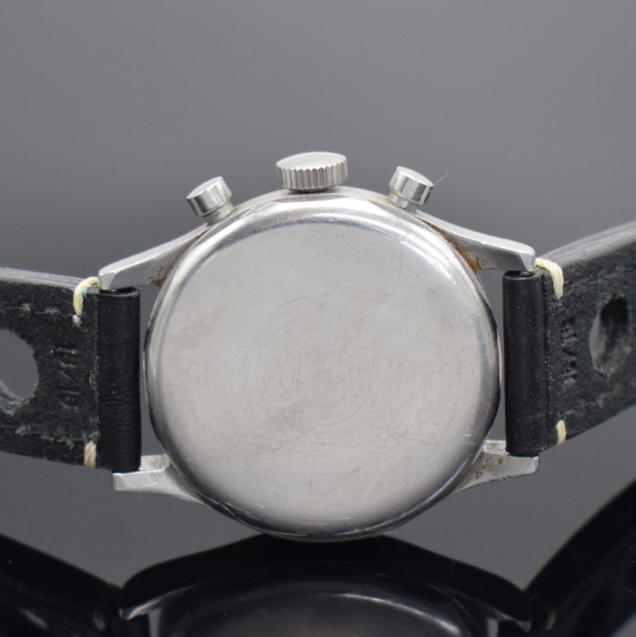 Detail c: HEUER seltener Schaltradchronograph mit Kaliber Valjoux 23 in Edelstahl, Schweiz um 1950, Handaufzug, sign. Boden geschr., schwarzes orig. ...