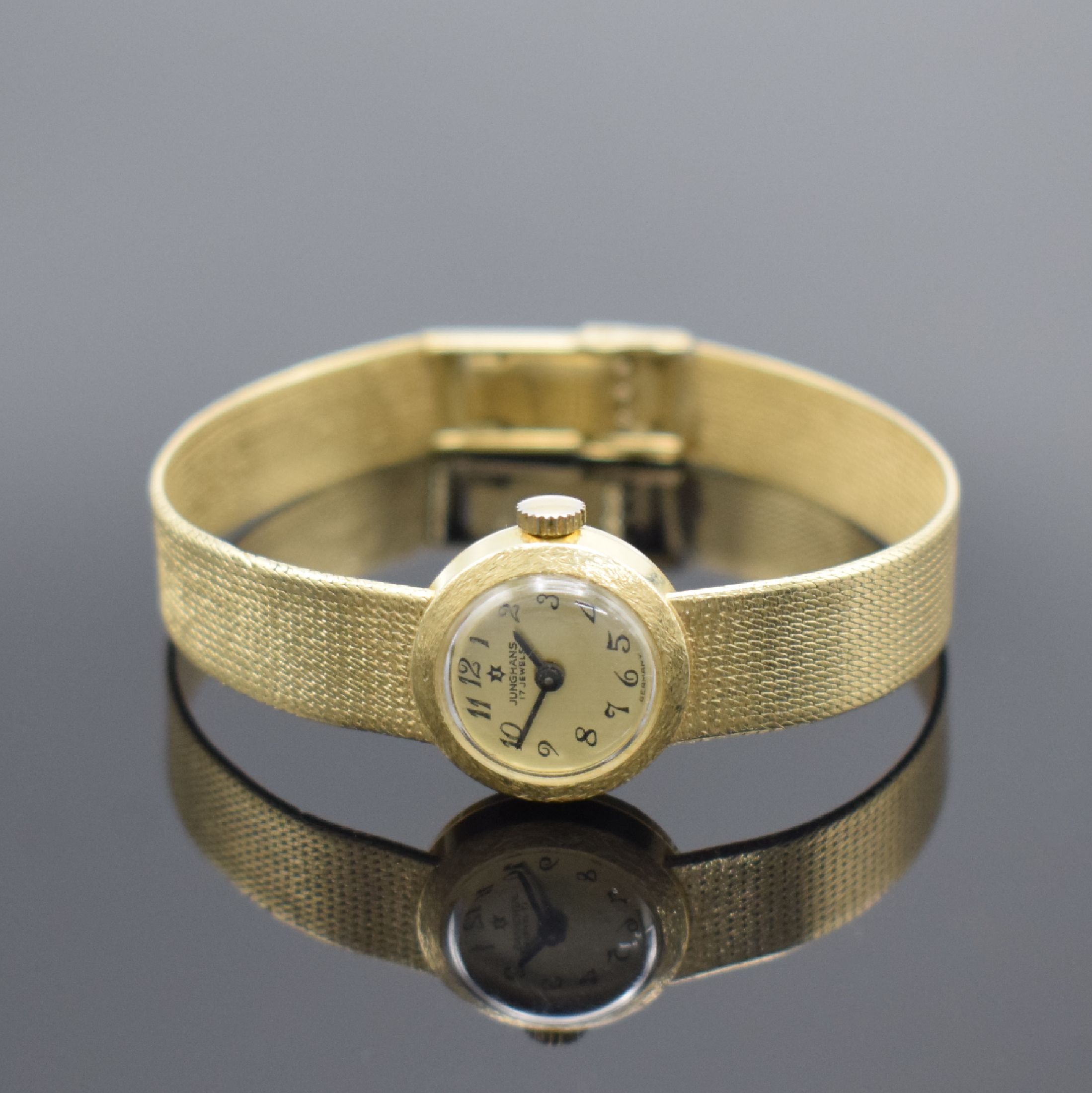JUNGHANS Damenarmbanduhr in GG 585/000, Handaufzug, Deutschland um 1965, 2-teil. Geh., Boden aufgedr., Milanaiseband, gold. Zifferbl. m. arab. Std., ...