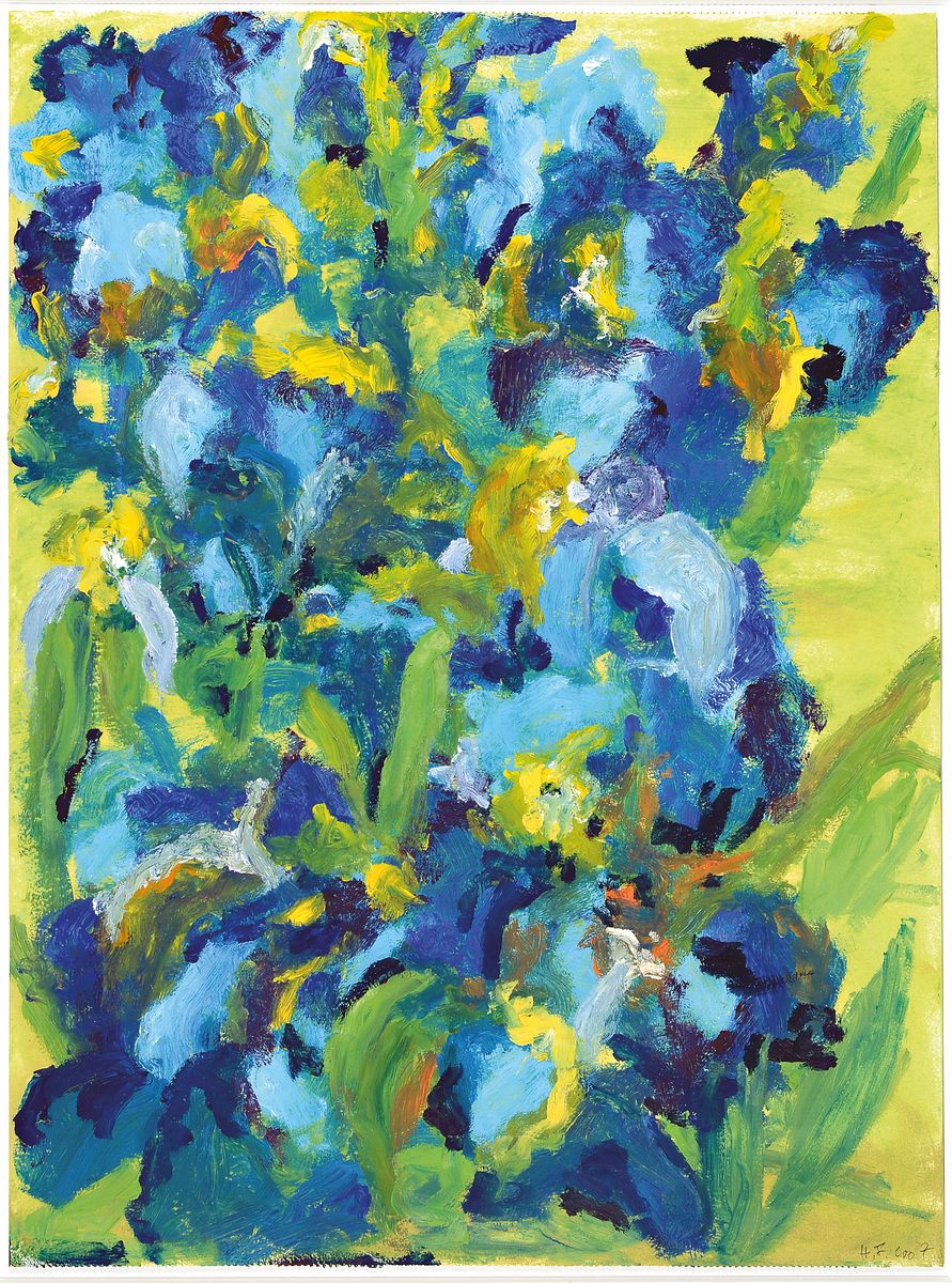 Heide Fahlbusch, 1939 - 2019, "Lilien blau",impressiver Duktus, Öl/Papier, monogrammiert und datiert 2007, 56x42 cm, Unter Glas ...