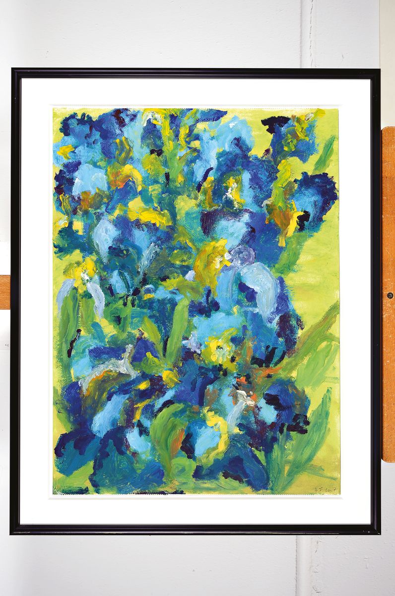 Detail k: Heide Fahlbusch, 1939 - 2019, "Lilien blau",impressiver Duktus, Öl/Papier, monogrammiert und datiert 2007, 56x42 cm, Unter Glas ...