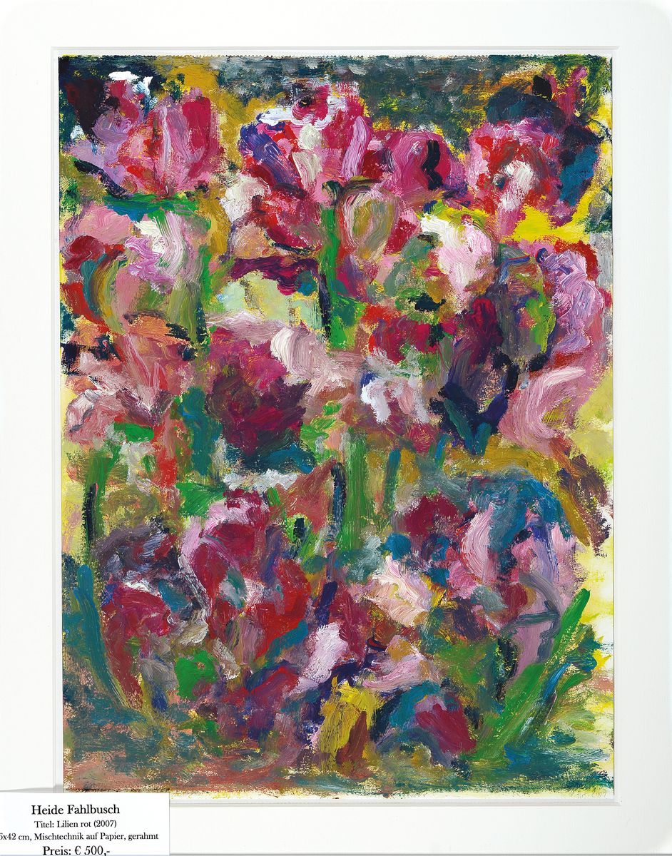 Heide Fahlbusch, 1939 - 2019, "Lilien rot", Öl/Papier, monogrammiert und datiert 2007, 56x42 cm, unter Glas gerahmt 68x54 cm