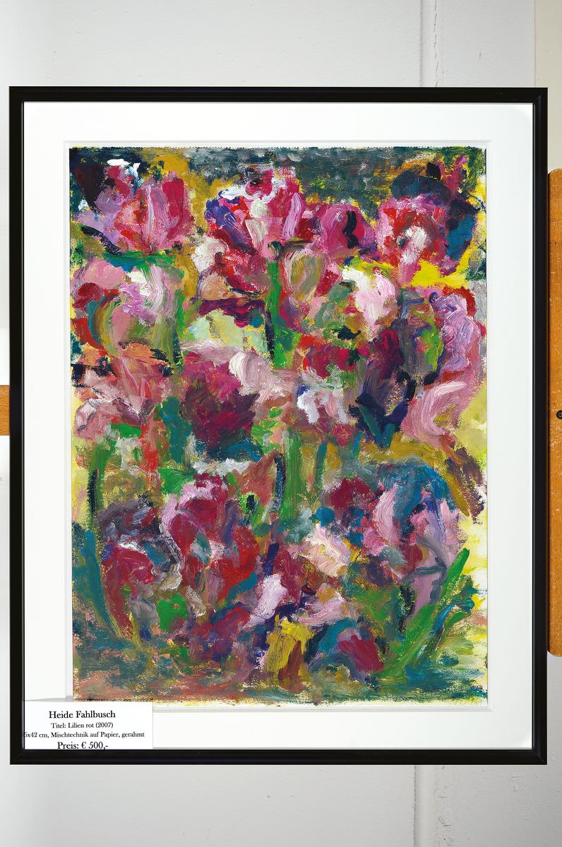 Detail k: Heide Fahlbusch, 1939 - 2019, "Lilien rot", Öl/Papier, monogrammiert und datiert 2007, 56x42 cm, unter Glas gerahmt 68x54 cm